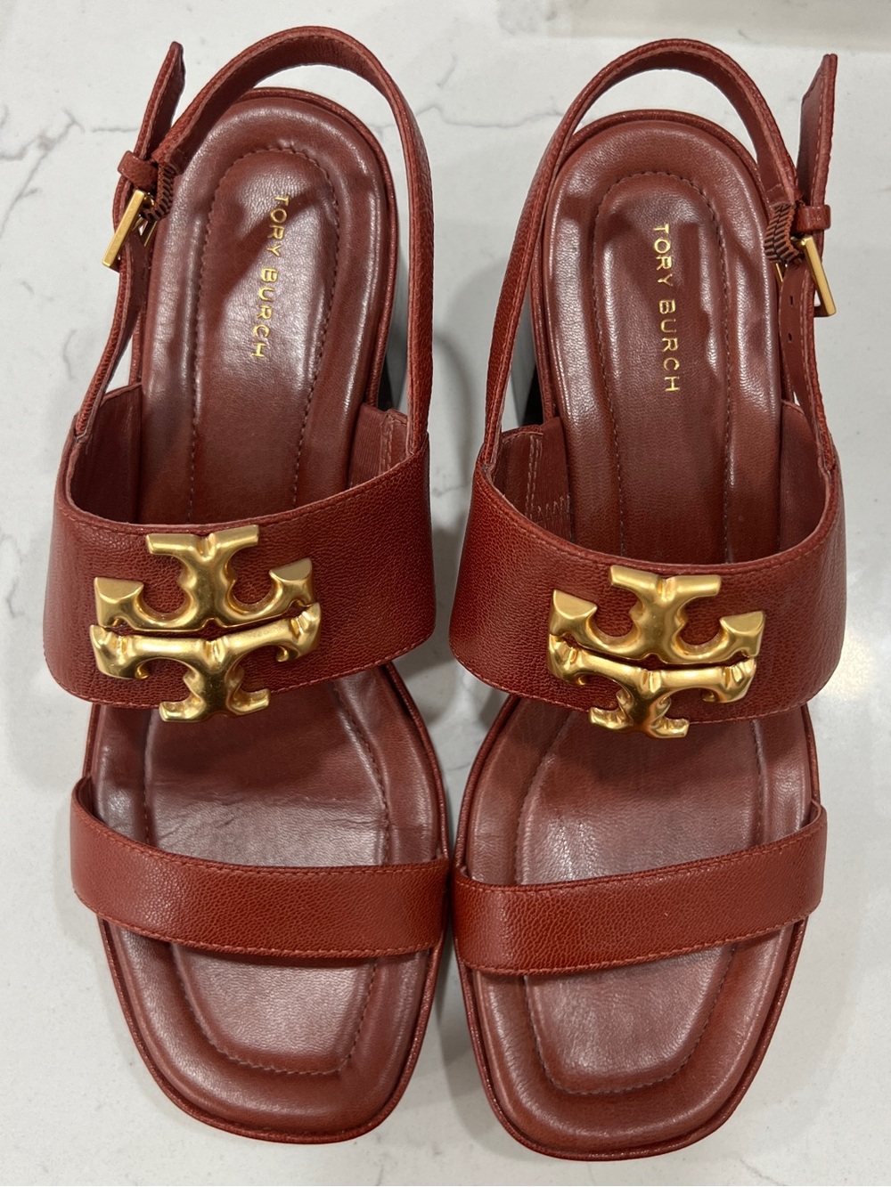 Tory Burch Rust Brown Leather Slingback Sandals with Gold Logo Accent - Picture 3 of 15
